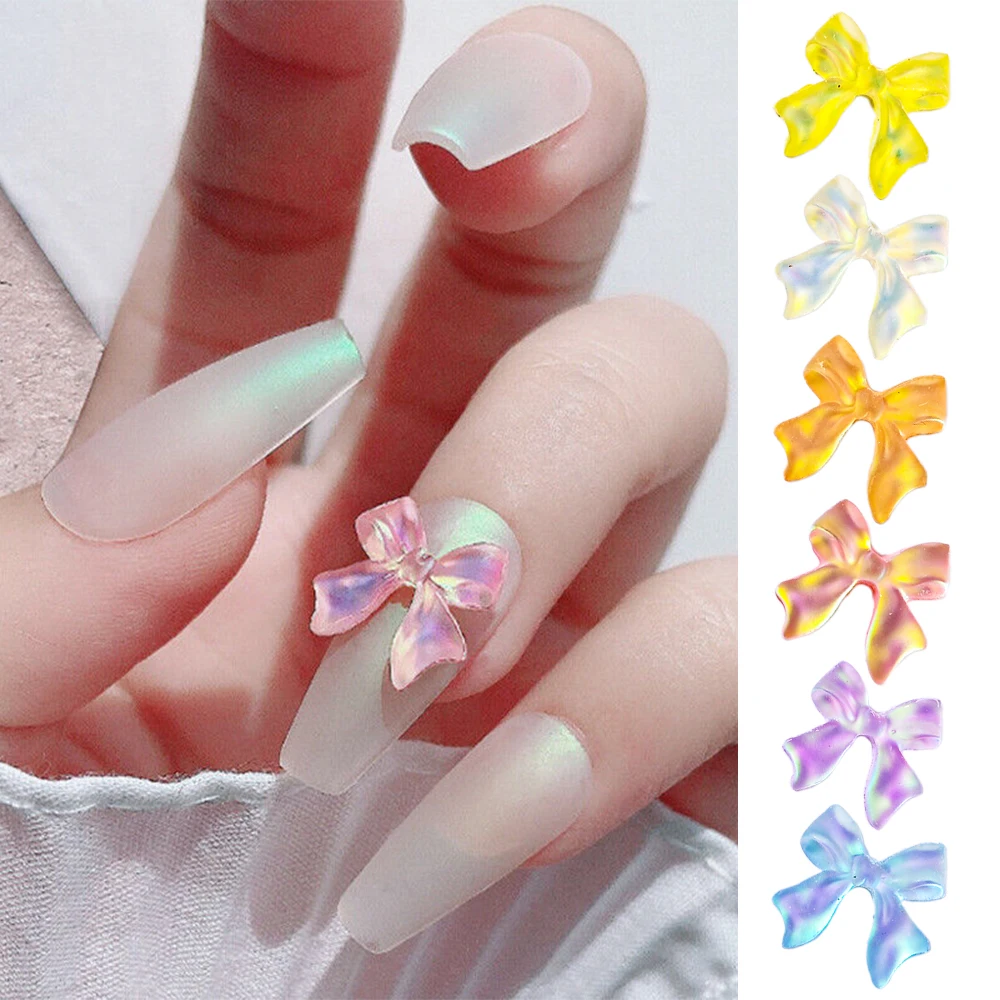 

50Pcs 3D Aurora Bowknot Nail Art Charms Long Ribbon Bow Resin Nails Art Rhinestone Kawaii DIY Accessories Gems For Nail Tips