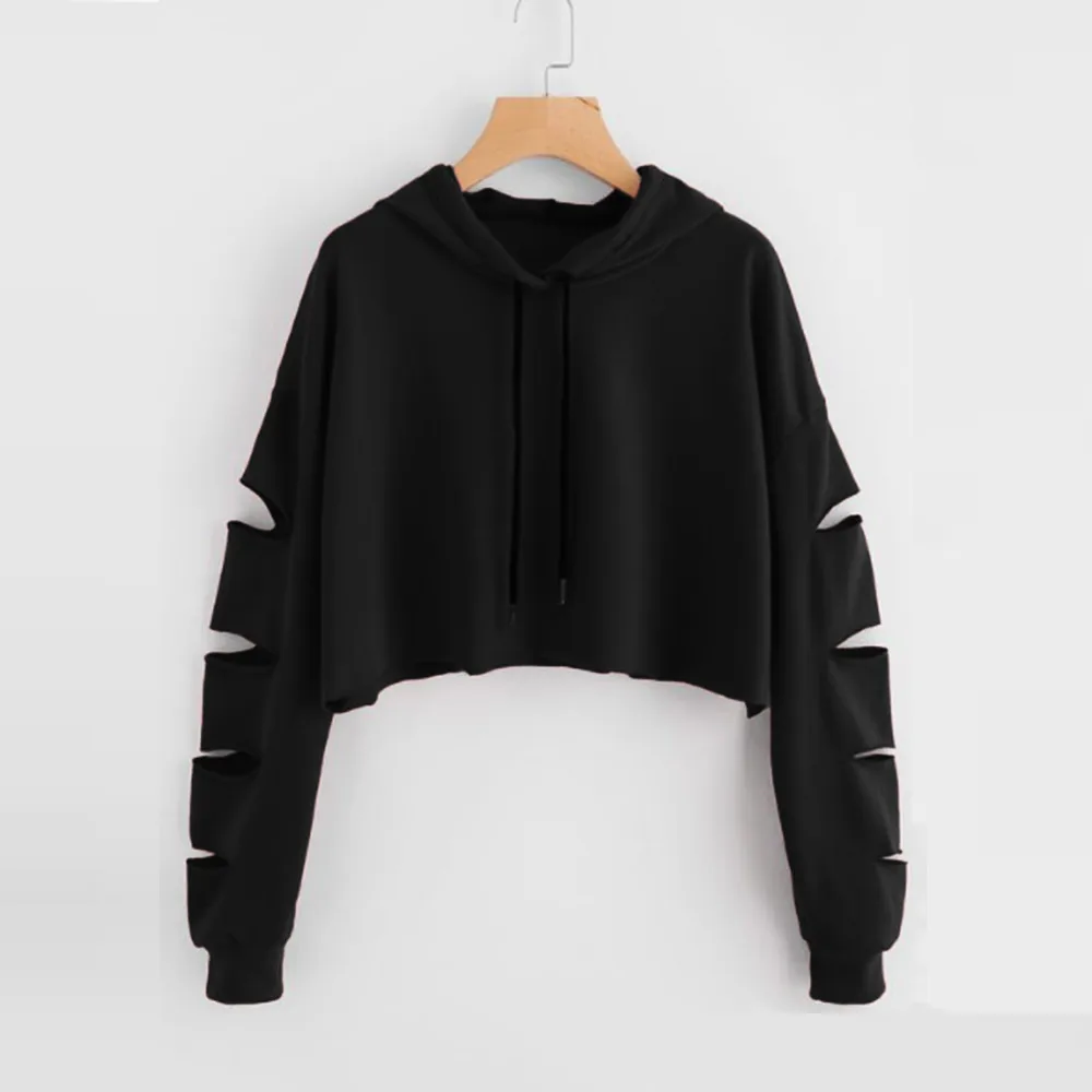 

2022 Womens Sweatshirt Cutout Ripped Streetwear Long Sleeve Hip-pop Jumper Casual Pullover Solid Blouse