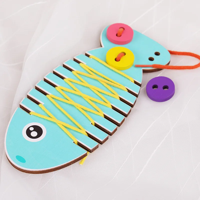 

1 Pcs Kawaii Mini Animal Fish Button Thread Doll Practicing Board Game Wooden Hand Eye Coordination Education Toys Gifts