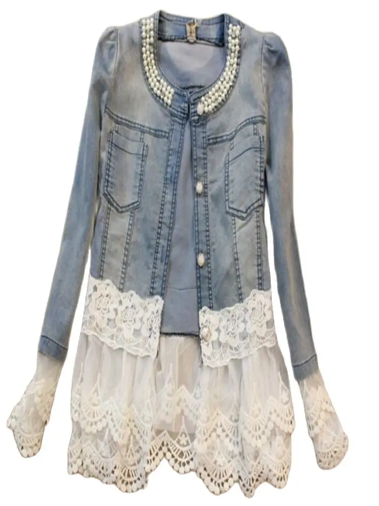 

Весенняя женская джинсовая куртка, верхняя одежда, облегающие кружевные лоскутные короткие пальто с длинным рукавом и жемчужинами, тонкие хлопковые женские пальто с цветочным принтом и бусинами