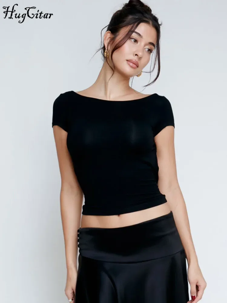 Женская облегающая футболка с коротким рукавом и открытой спиной