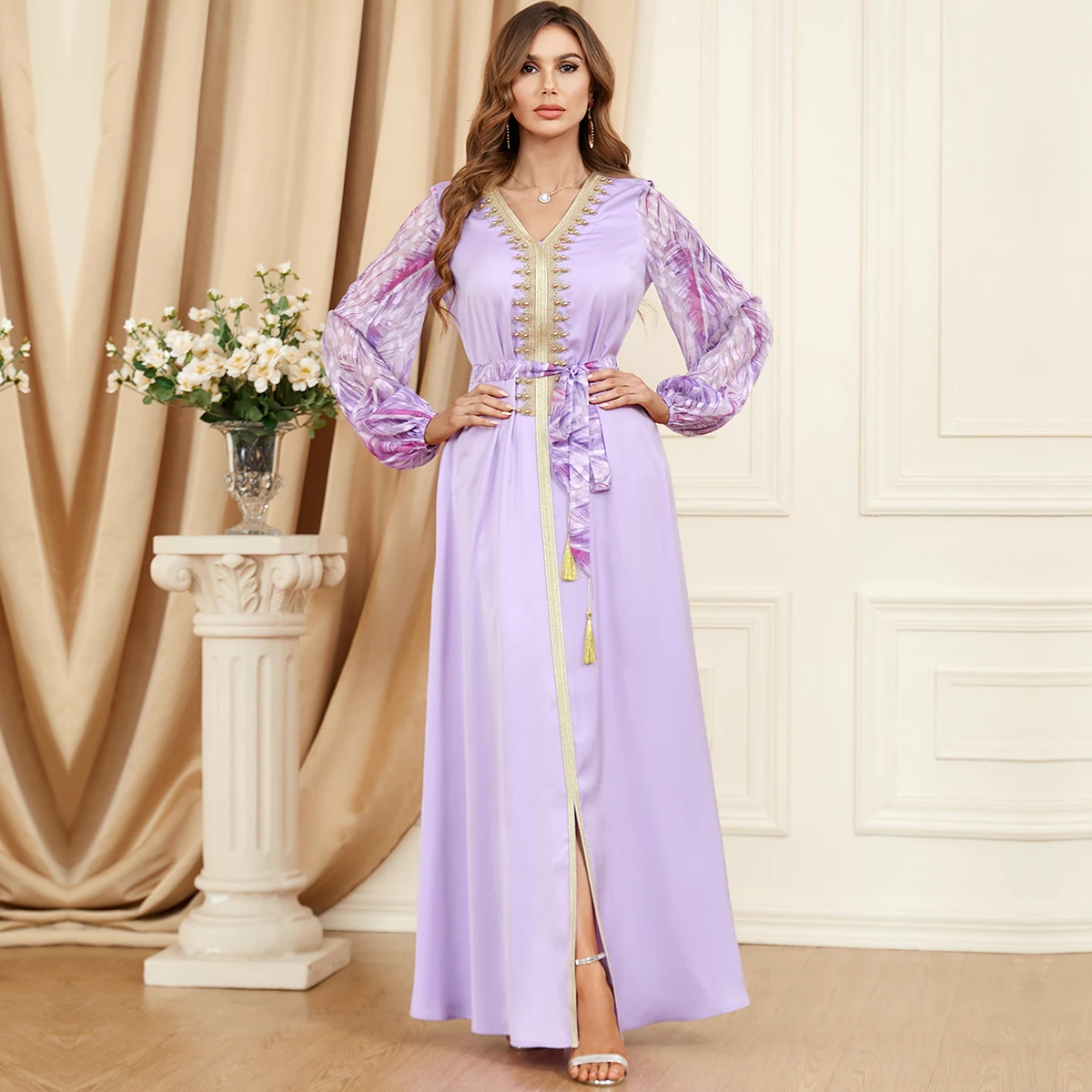 BNSQ 3402# 2023 Summer New Fresh Fashion Women's Dress Elegant Muslim Abaya Spliced Bubble Sleeve Beaded Dress