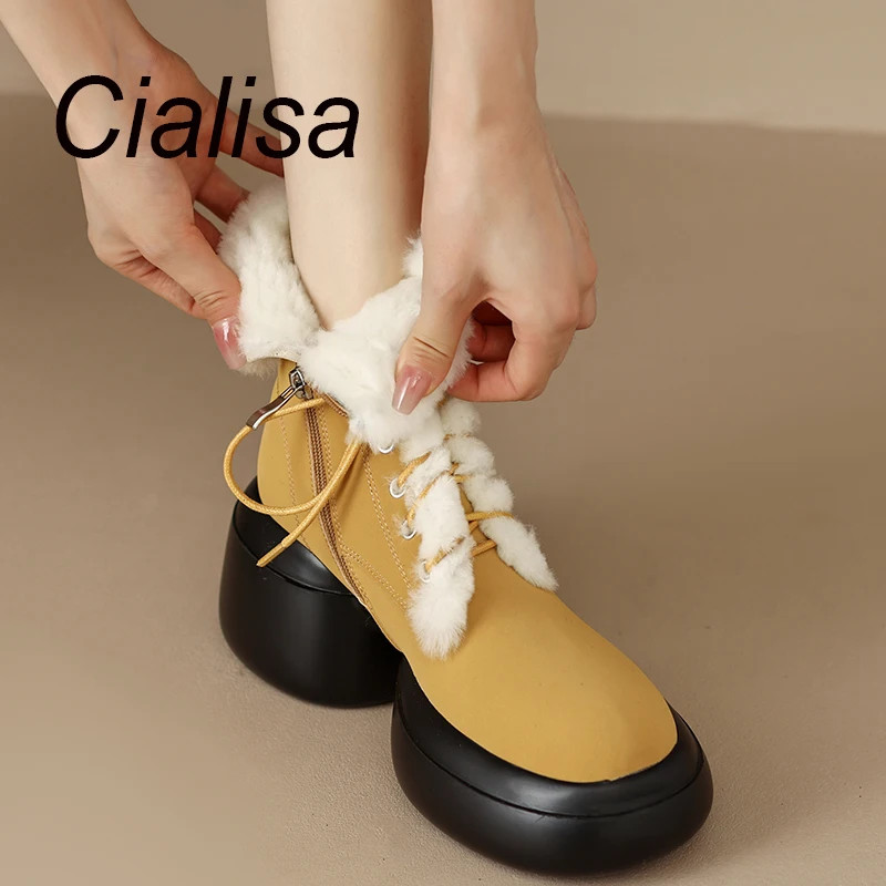 

Ботильоны Cialisa женские на платформе, теплые Удобные полусапожки на толстом каблуке, с перекрестной шнуровкой, на молнии, зимняя обувь, желтые, 2022