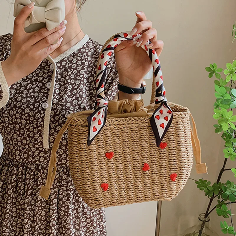 

2022 Straw Woven Beach Bags for Women Summer Holiday Travel Silk Scarf Tote Bags Female All Match Small Square Bag Handbags Sac