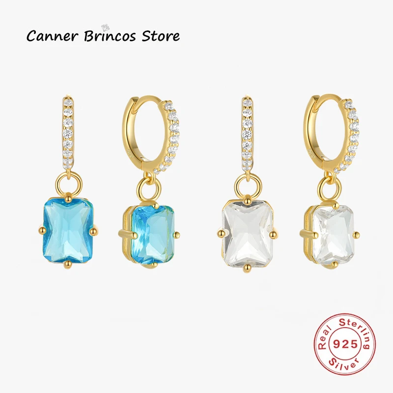 

CANNER Joias De Ouro 18k Gold Plated Drop Earrings For Women 925 Sterling Silver Handmade Cut Rectangle CZ Earring Pendientes