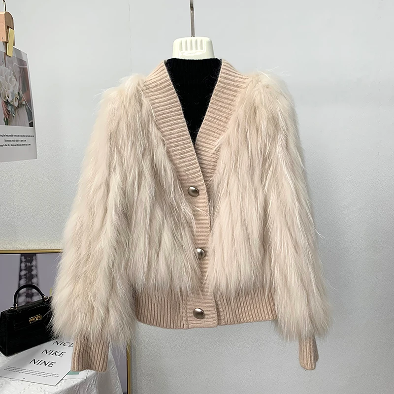 New Autumn And Winter Raccoon Fur Car Strip Fur Women's Short Coat Fox Fur Woven V-neck Cardigan Temperament Style