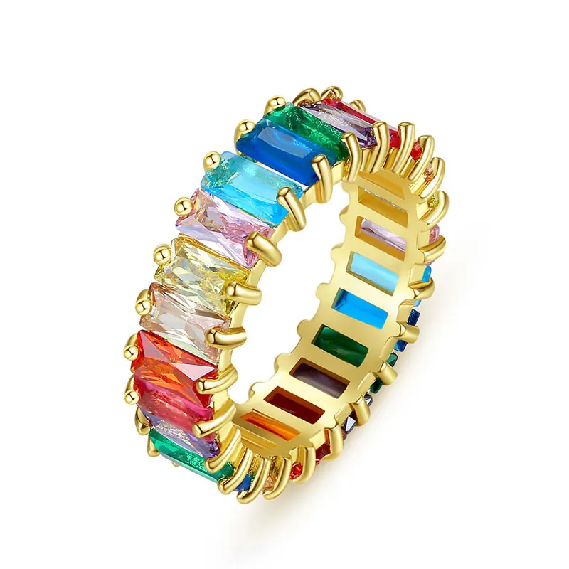 

Rainbow Baguette Zircon Engagement Ring Colorful Cubic Zirconia Stackable Eternity Band Gold Plated Finger Rings