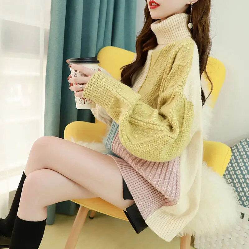 

2022 Autumn Winter New Women Fashion Patchwork Loose Retro Tops Sweaters Female Turtleneck Long-sleeved Knitted Pullover W41