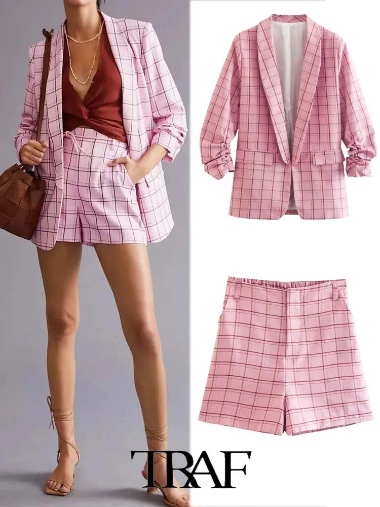 

Женский комплект из 2 предметов, короткий Блейзер в клетку + шорты в клетку с поясом на резинке и пиджак с разрезом, лето 2023