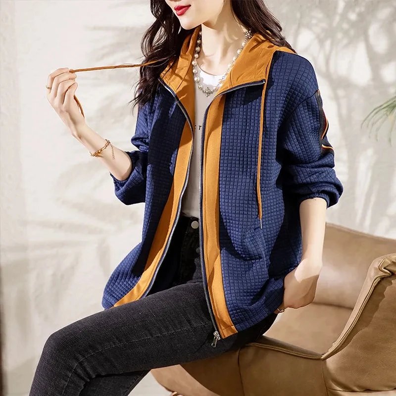 

Streetwear Short Coat Large Size Women's Clothing 2023 Spring Autumn New Slim Hooded Contrast Panel Jackets Girls Tops BC304