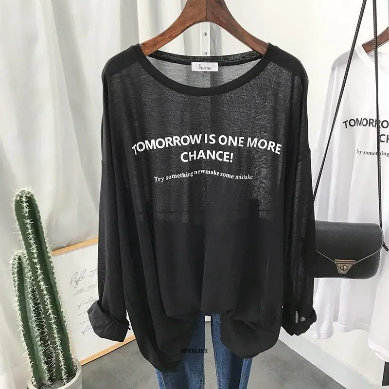 

Plus Size 6XL 150KG Autumn t shirt O Neck White Black TShirt See Through Letter Larg Size Clothes Long Sleeve Casual Female Tops