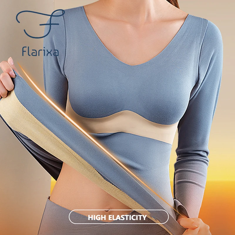 Flarixa 2 in 1 Seamless Winter Women's Thermal Underwear Slim Fit Chest Pad Bottoming Warm Thermos Clothing Tops Long Lingere