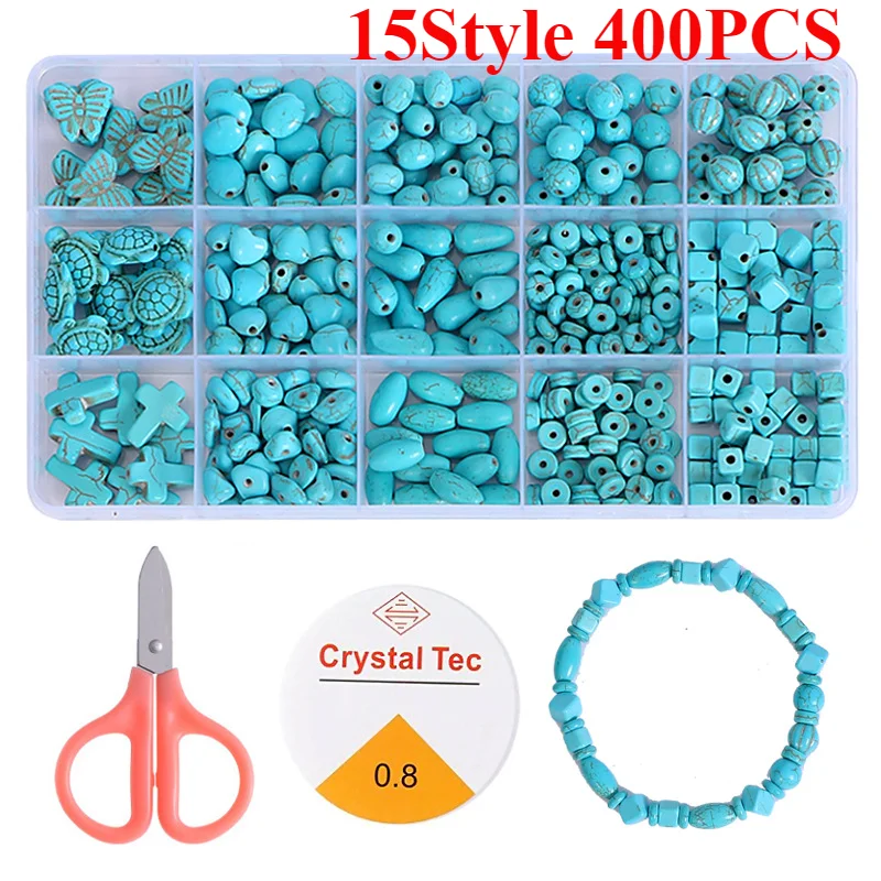 Набор бирюзовых бусин россыпью 15 видов 400 шт. для изготовления ожерелий браслетов