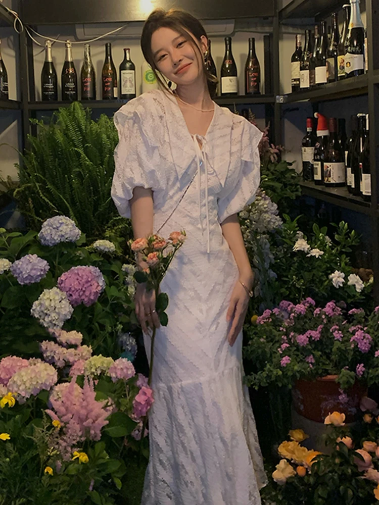 

Summer Women Fashion Vintage White Chic Lace Dress Elegant Lady Vestdios Female Party Wedding Prom Clothes