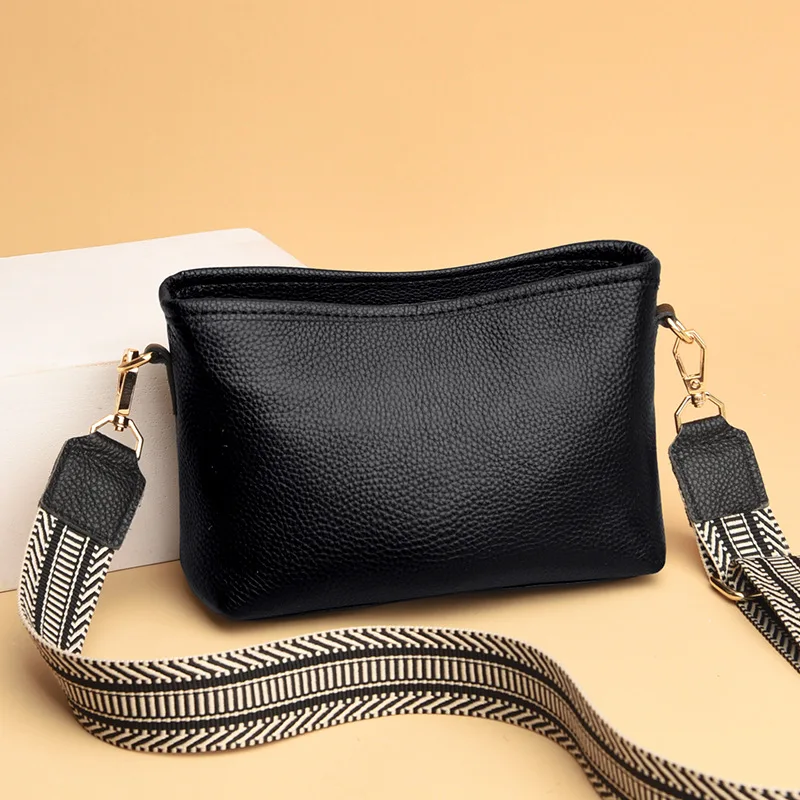 

European And American Classic Wide Shoulder Strap Crossbody Top Layer Cowhide Simple Elegant All-Match Fashionable Shoulder Bag