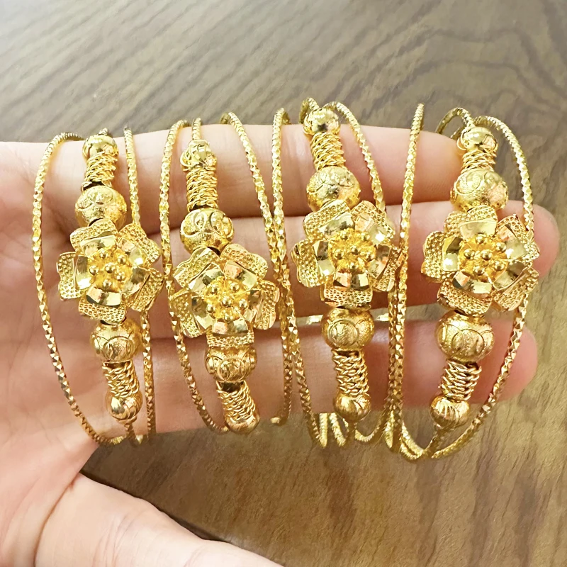 

24k Gold Gold Women's bracelet, Flowers, 4Pieces, Dubai, Wedding, Ethiopian bracelet,Africa, Jewelry, Arabia,Gold, Pendant,Gift