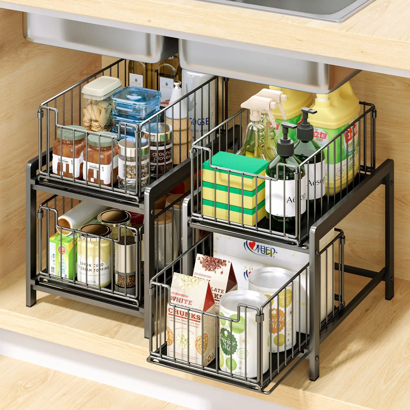 Kitchen Organizer,Stackable Under Sink Cabinets with Sliding Storage Drawer,Pull Out Cabinets Shelf,Sliding,Countertop Basket