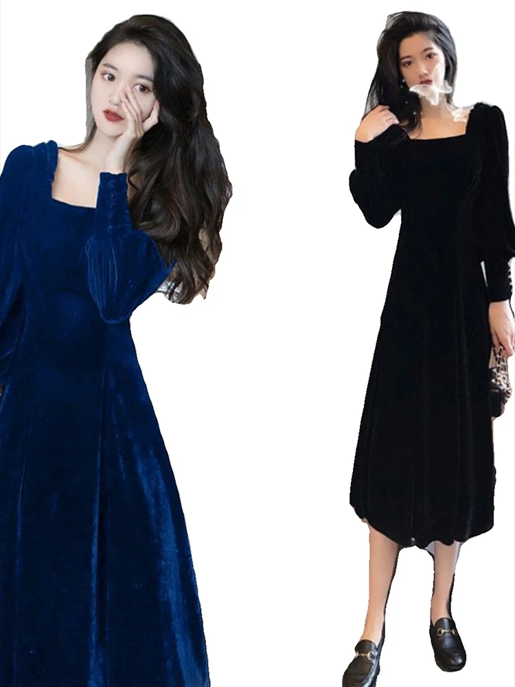 Женское бархатное платье с длинным рукавом и квадратным вырезом