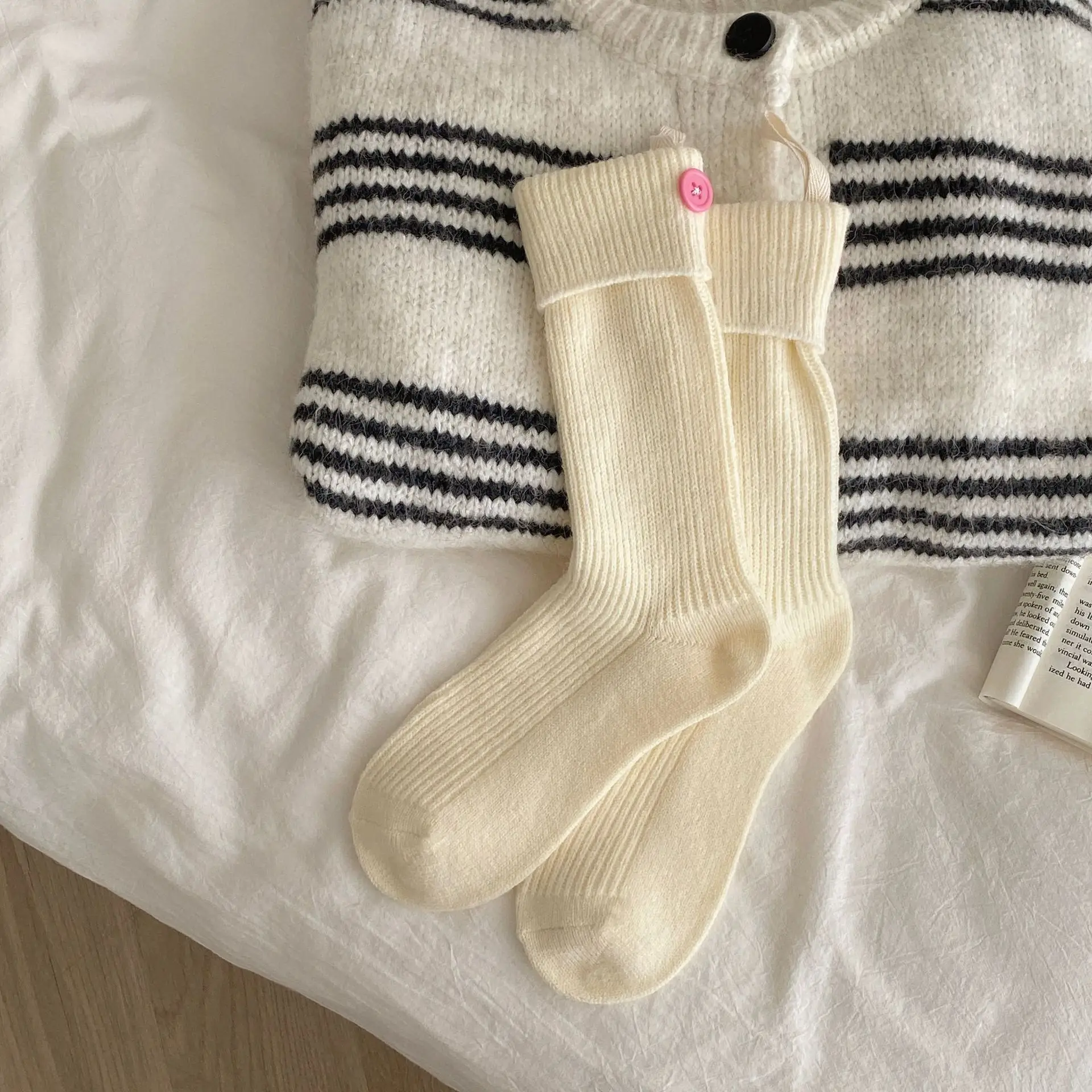 EWODOS чулки для детей женские вязаные носки однотонные милые с декором на