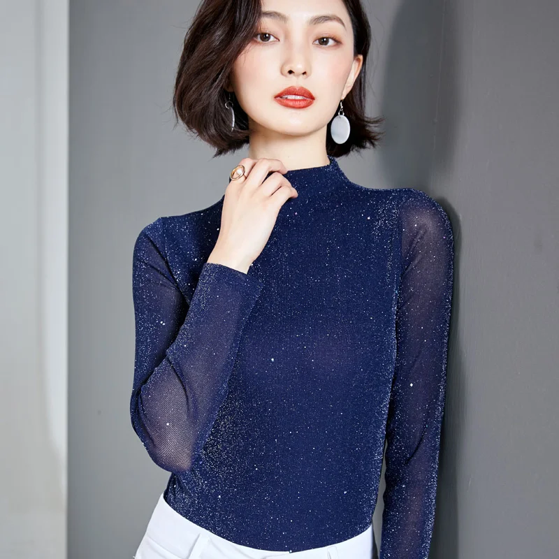 

#1679 Black Blue Khaki Bright Silk Mesh T Shirt Women Thin Stretch Mesh Tshirt Long Sleeve Solid Color Sexy Office Basic T-shirt