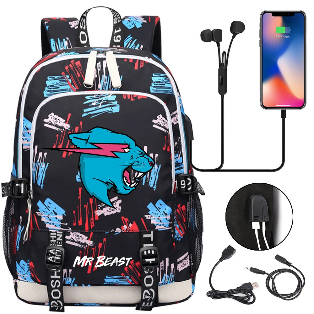 

Рюкзак Mr Beast для мужчин и женщин, повседневная дорожная сумка для ноутбука с USB-зарядкой для мальчиков и девочек-подростков, школьный ранец