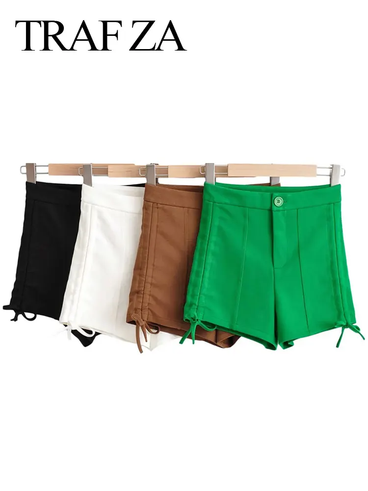 

TRAF ZA Summer New Four-Color Fashion Trend Women's Shorts All-match with Waist Buttons Smocked Pull-Up Hem Fitted Mini Shorts