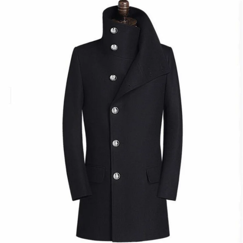 

Корейские шерстяные мужские пальто с высоким воротником средней длины, однобортные молодежные модные повседневные Черные пальто