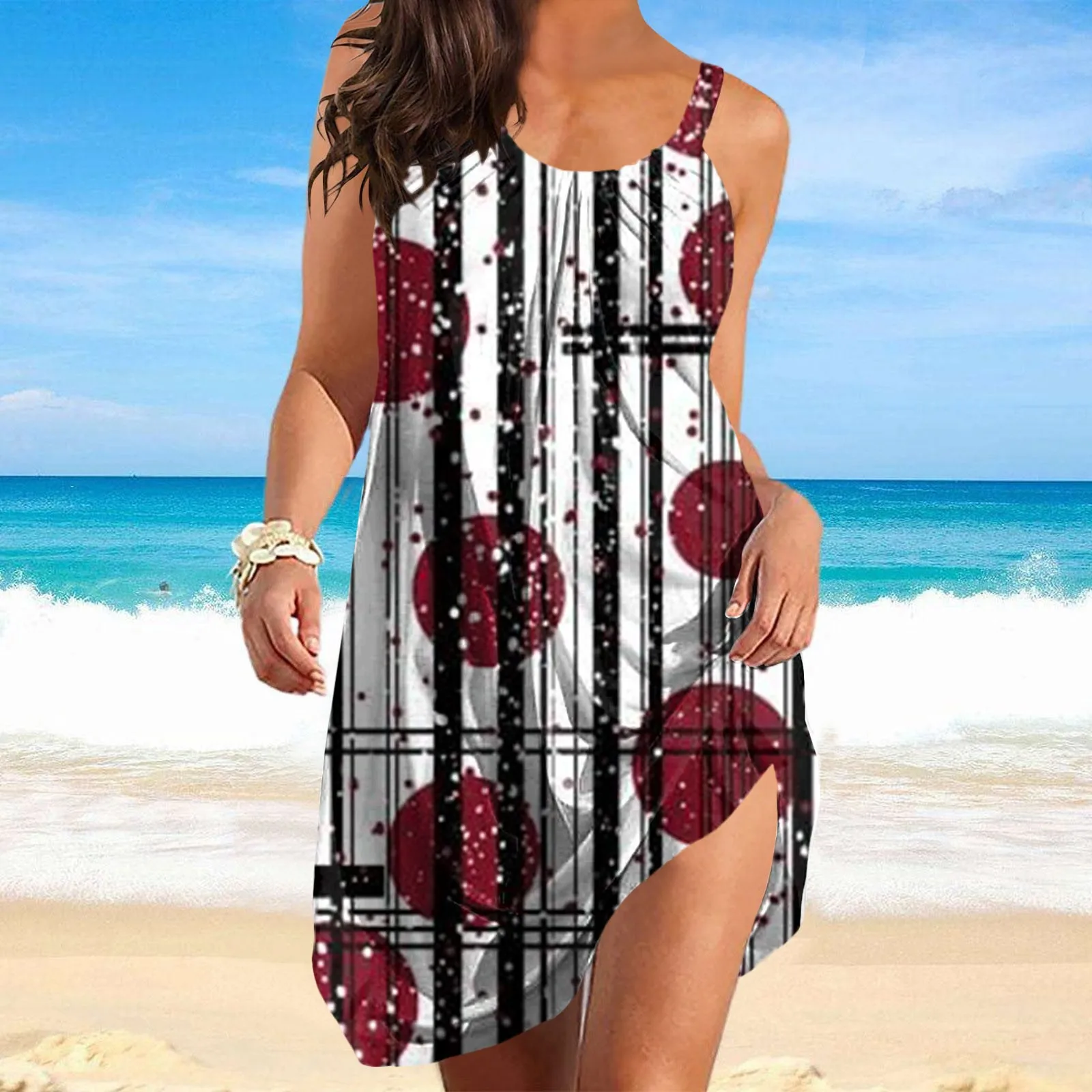 

Women's Summer Round Collar Loose Sleeveless 3D Digital Print Sling Skirt Beach Dress Teens Party Dress