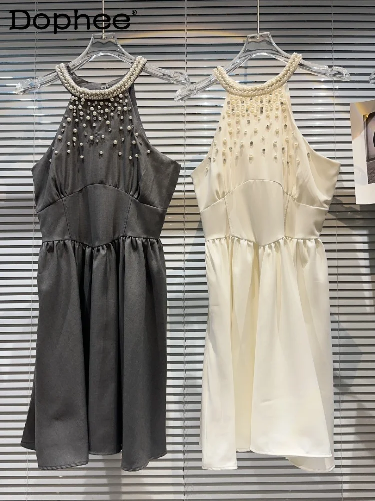 

Elegant Lady Pearl Collar Rhinestone Beaded Halter Dresses Women 2023 Summer New Sleeveless Vest Dress Banquet Party Robe Dress