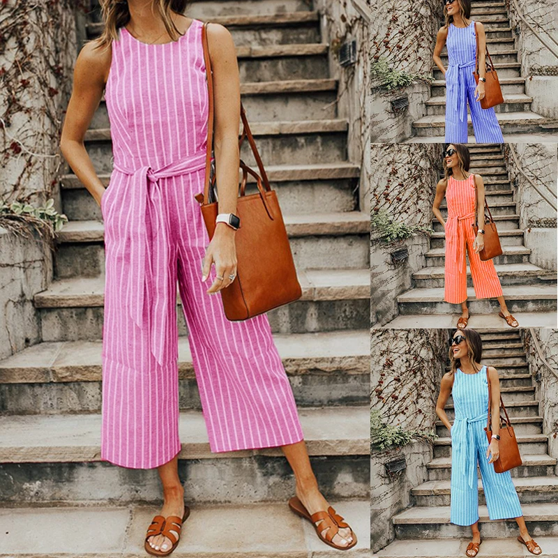 

Casual Blue O Neck Sleeve Women Playsuit Sash High Waist Straight Jumpsuit Streetwear Spring Female Gray Fashion Playsuit 2022