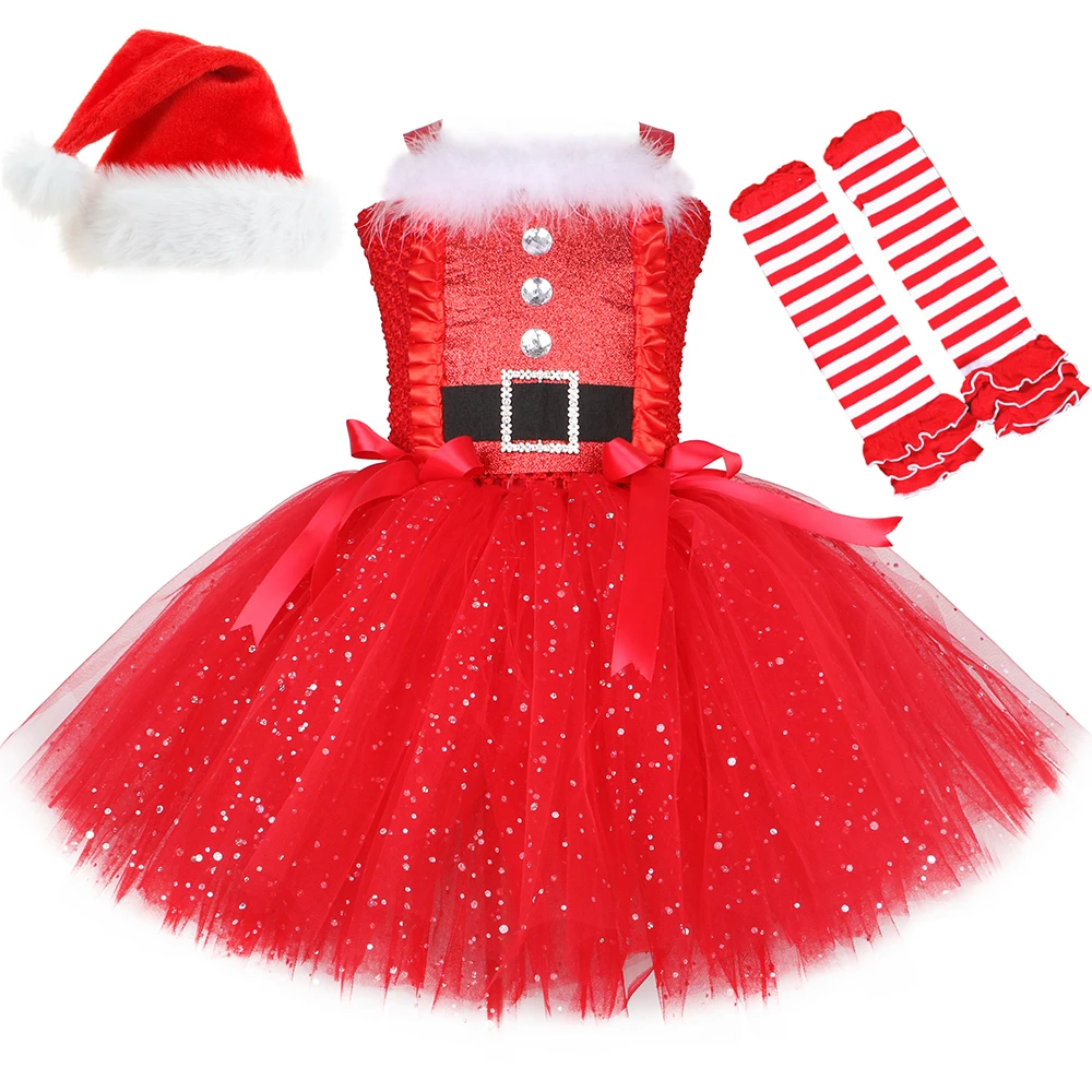 

Костюм Санта Клауса для девочек, рождественское платье-пачка для детей, новогодний тюлевый наряд для девочек с носками, детская одежда для р...
