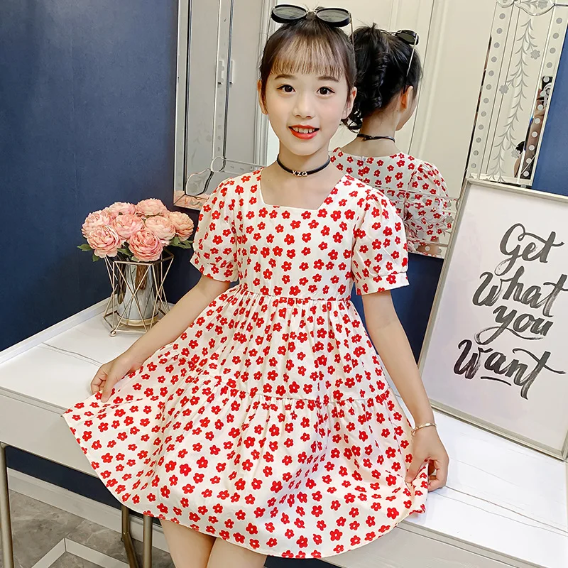 

Kids Clothes Girls Summer Floral Dress Cotton Puff Sleeves Children Dresses 8 10 12 Y Clothes for Teenager Girl Princess Dress