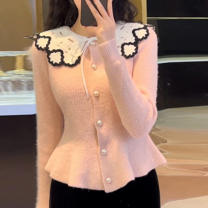 Женский однобортный Кардиган с воротником Питер Пэн винтажный трикотажный