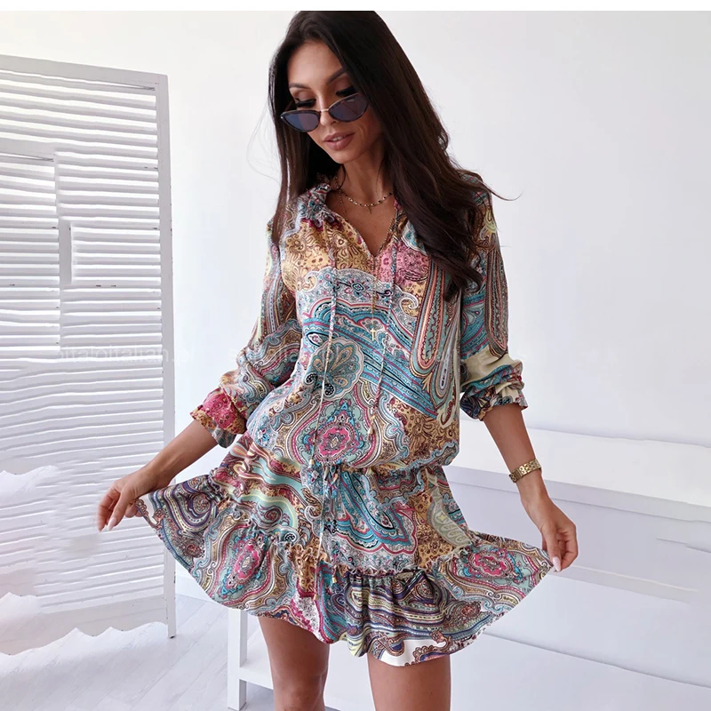 Купи Sexy Mini Boho Dress Spring Autumn New Fashion Casual V-neck Floral Print Long Sleeve Elegant Beach Dresses For Women Robe Femme за 1,019 рублей в магазине AliExpress