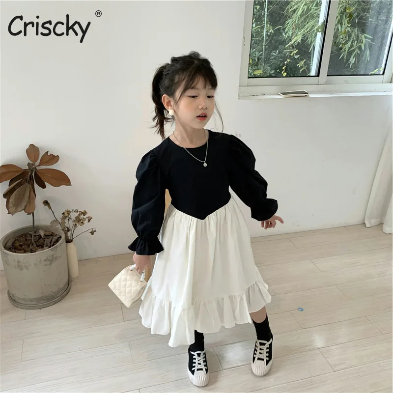 

Criscky2022 Korean Style Spring Kids Girls Dresses Long Ruffles Sleeves O-neck Splicing Child Vestido Baby Dresses