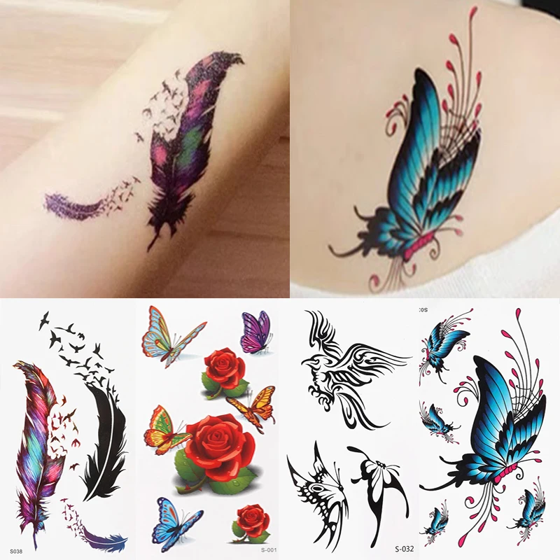 Новая тату-наклейка на плечо руку цветок Бабочка перо серия водонепроницаемая
