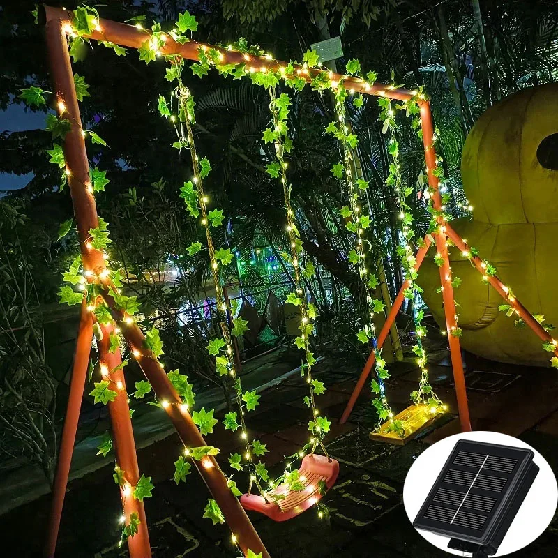 10m Solar Ivy Green Leaf Light Outdoor Waterproof 100LED Solar Power Fairy Garland String Lights for Yard Garden Party Wedding