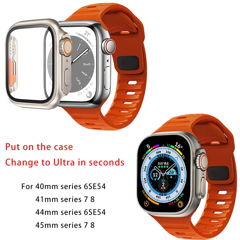 Case+Strap For Apple Watch Band 45mm 44mm 41mm 40mm Smart Silicone Bracelet Iwatch Series 3 4 5 6 Se 7 8 Change To Ultra Case