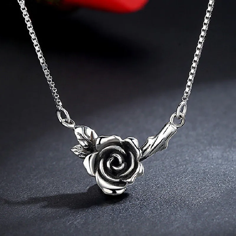 

2022 New Gothic Vintage Simple Black Rose Flower Necklace For Women Make Old Design Thai Silver Party Jewelry Gift