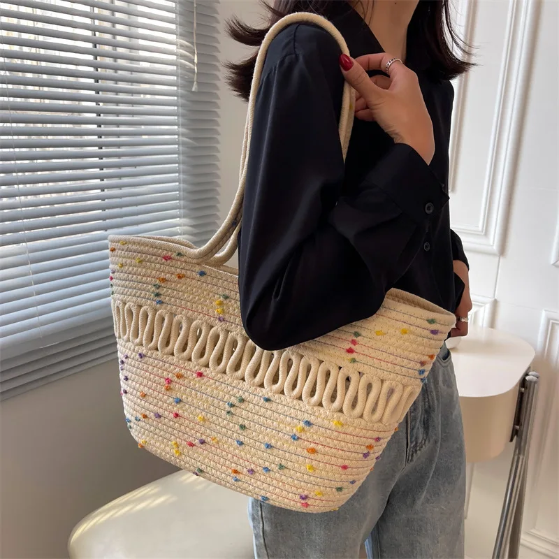 

Shoulder Bag Hollowed Out Cotton Thread Woven Bag New Summer High Capacity French Beach Bag for Women