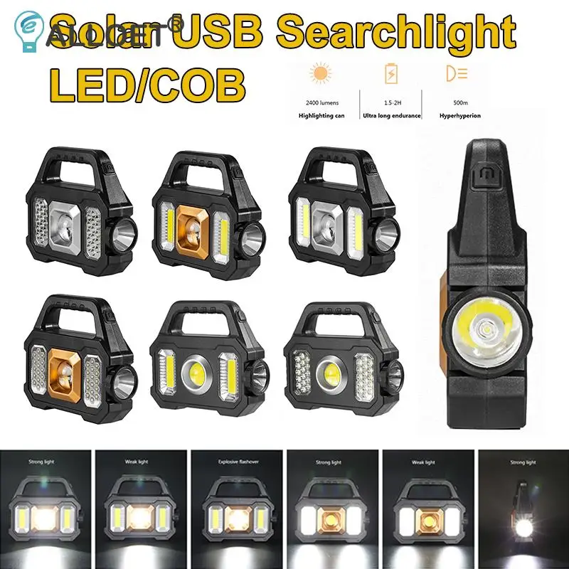 

500LM Super Bright Solar LED Camping Flashlight with COB Work Lights USB Rechargeable Handheld 6 Gears Solar Powered Lanterns