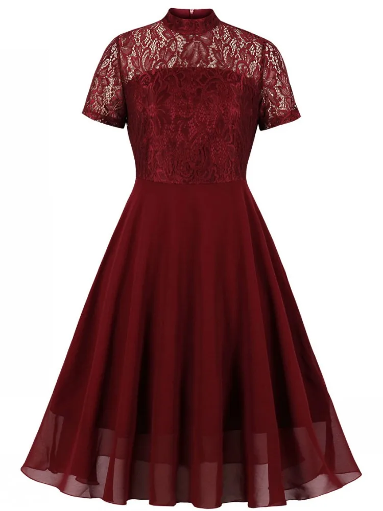 

Summer Autumn Lace Swing Dresses 2022 Femme Short Sleeve O-Neck Women Red Dress Hollow Out Female Robes Vestidos De Festa