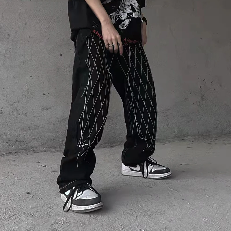 

Original Patchwork Striped Embroidery Washed Denim Trousers Mens High Street Retro Ripped Oversized Hip Hop Casual Jeans Pants