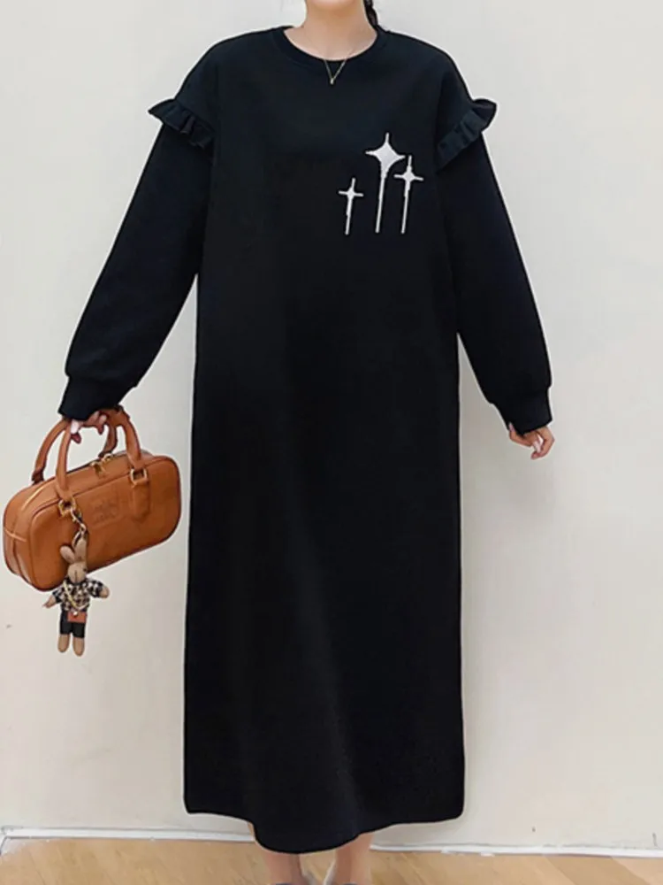 Осенне-зимнее длинное платье большого размера черное женское свободное