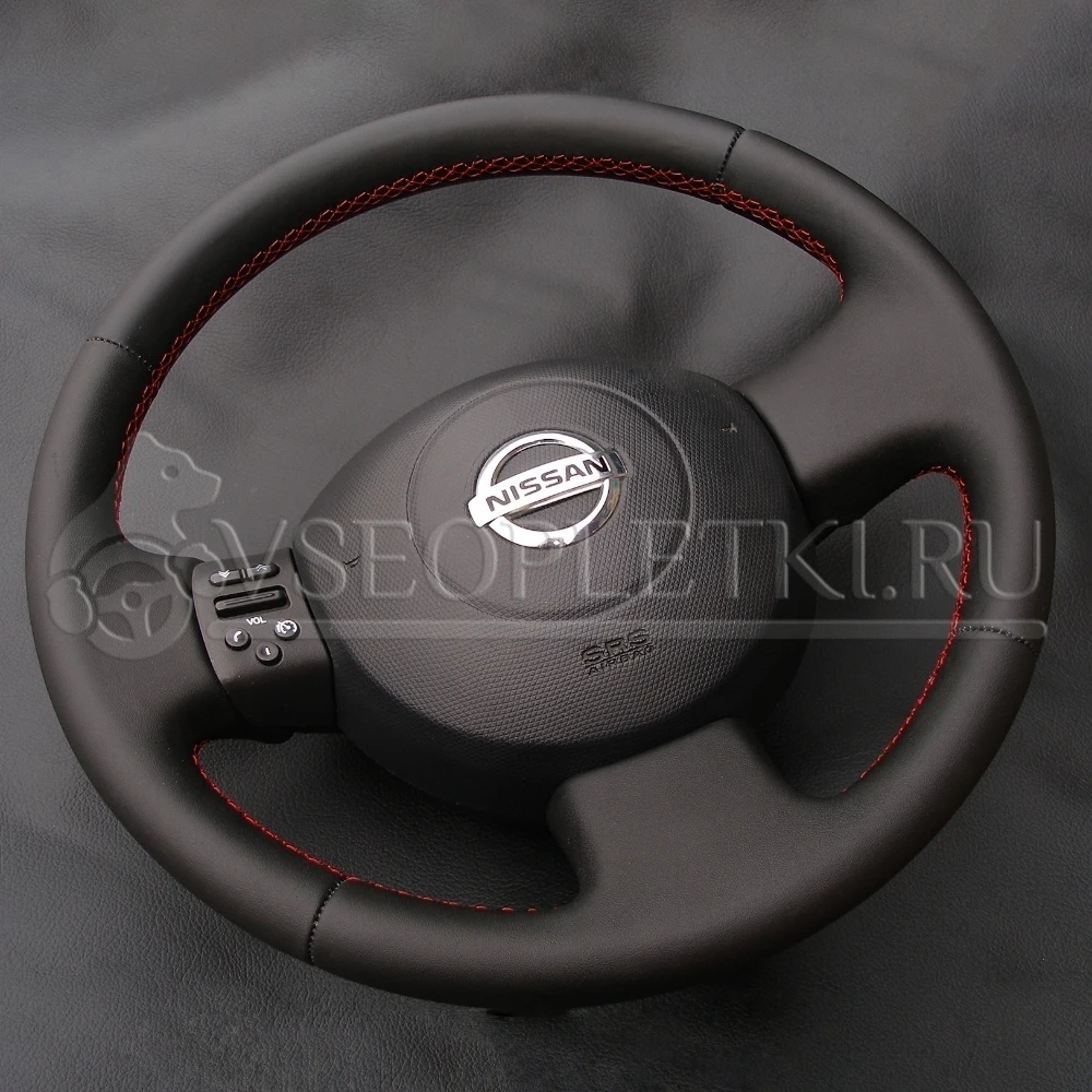 Оплетка на руль &quotNissan Micra&quot (Ниссан Микра) для кожаного руля - черная гладкая кожа
