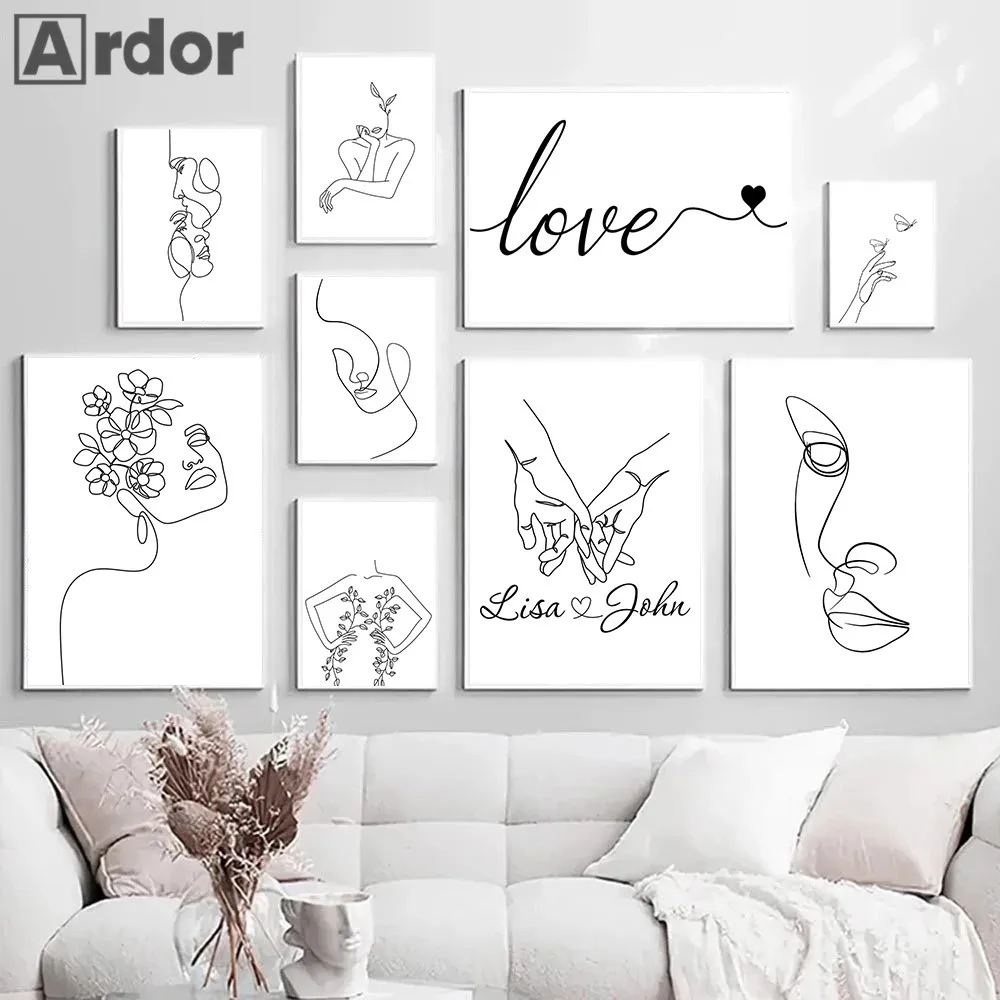 

Black And White Love Poster Abstract Woman Face Line Art Canvas Painting Custom Name Print Nordic Wall Pictures Bedroom Decor