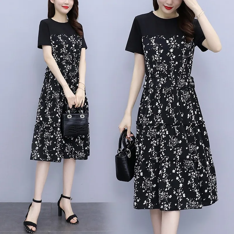 

Летнее платье в стиле пэчворк с цветочным рисунком для женщин и девушек, тонкие повседневные свободные блузки, блузы, трапециевидная юбка с ...