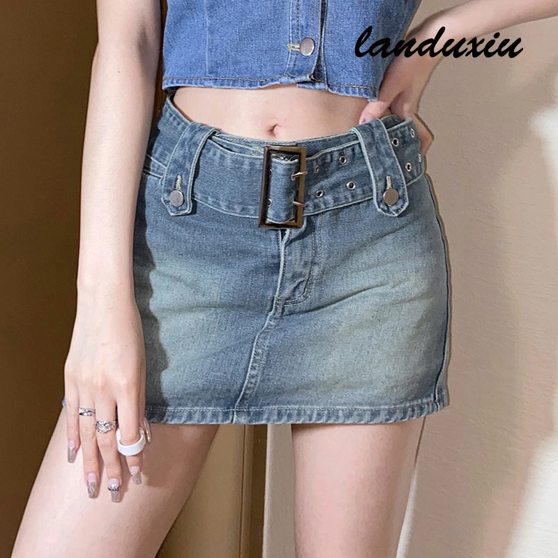 

2022 Women'S Jeans Skirt Belt Mini Denim Korean Low Waist Straight Short Harajuku Sexy Vintage landuxiu