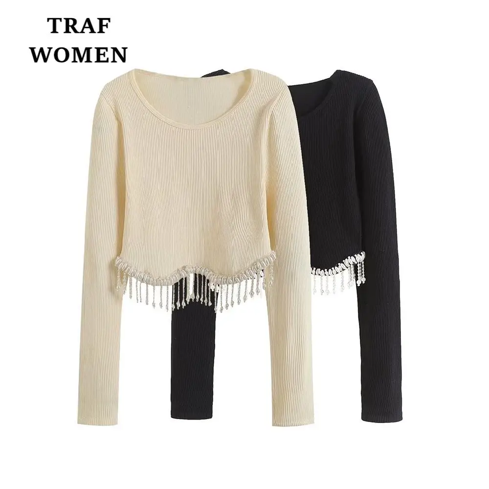 

TRAF WOMEN 2023 Spring Fashion New Artificial Pearl Embedding Seamless Fabric Top Short Vintage Female Elegant Sweater 7901334