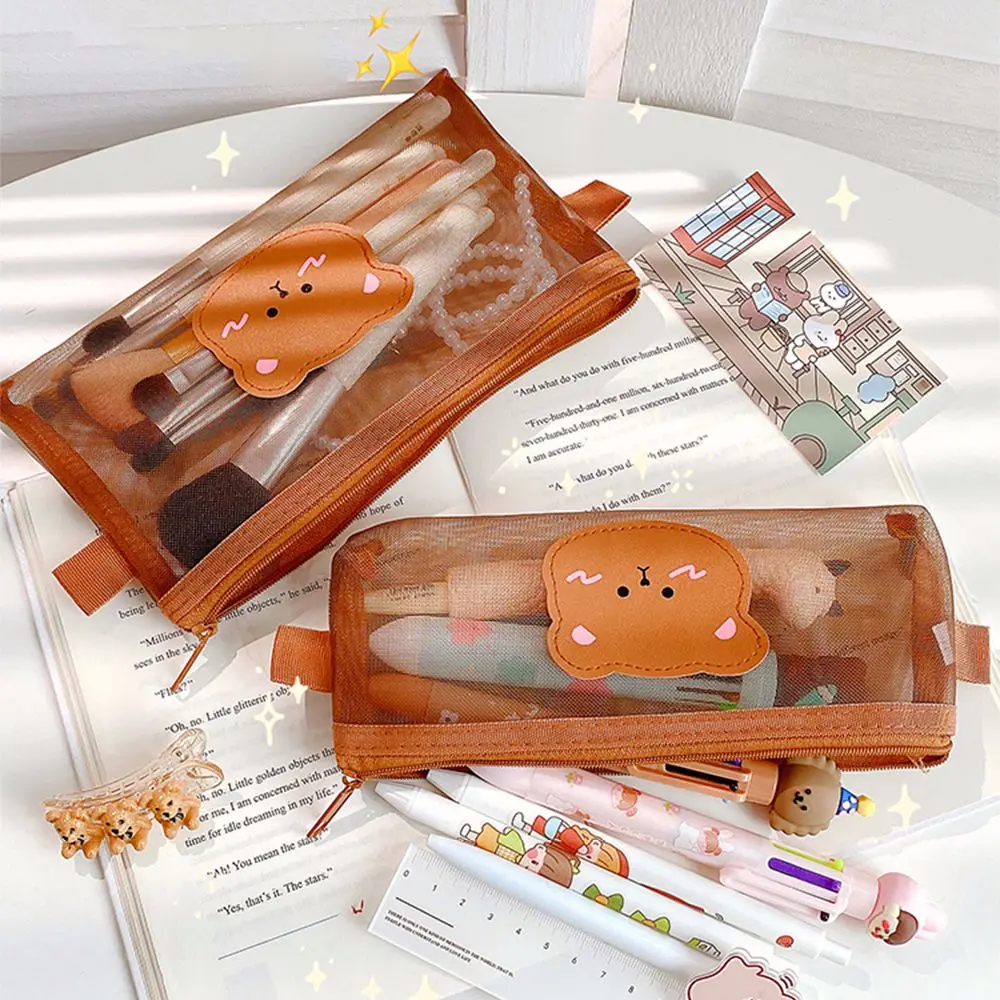 

Cute Bear Brown Transparent Mesh Pencil Case Pouches Stationery Student Pencil Bag Large Capacity Storage Kawaii Bag